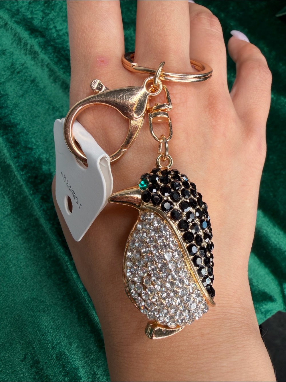 Crystal Penguin Keychain Charm - Gold Tone with Black & Clear Crystals